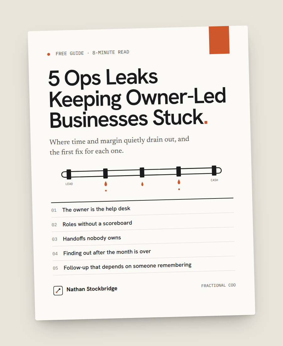 Cover of the guide: 5 Ops Leaks Keeping Owner-Led Businesses Stuck